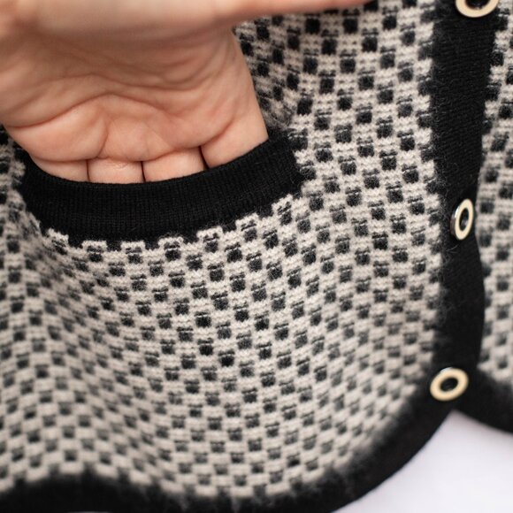 Kinross Cashmere Cardigan Sweater M Black White Check Luxury Knit Classic - Picture 3 of 7